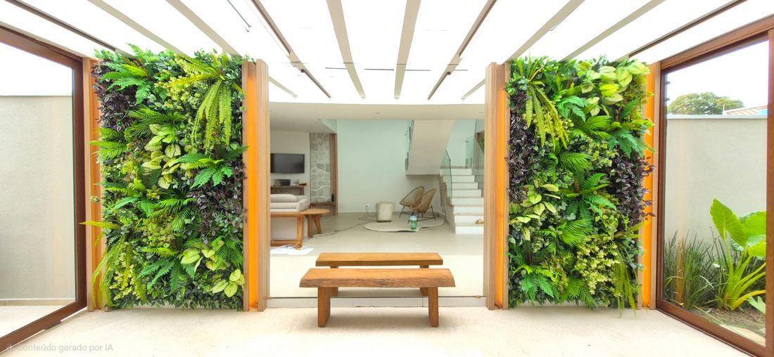 Passagem externa emoldurada por paredes de plantas artificiais