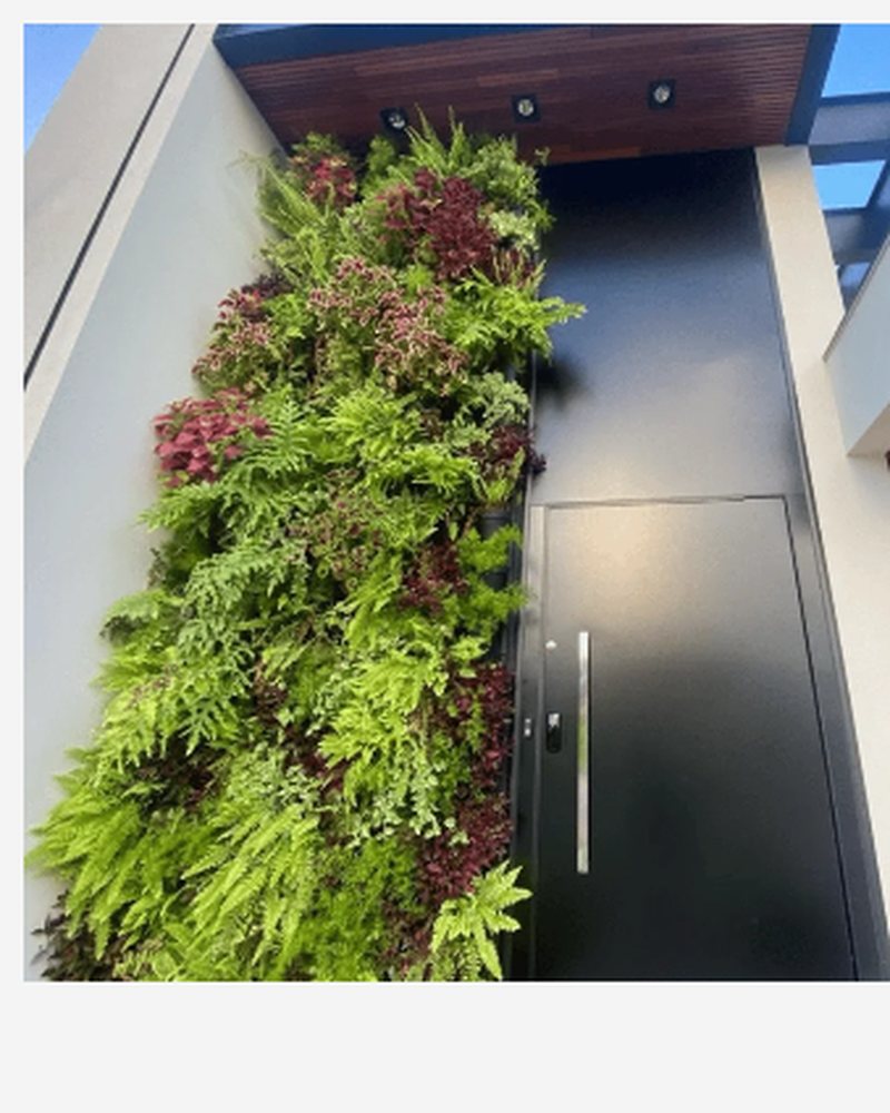 Jardim vertical de plantas artificiais na entrada de uma casa